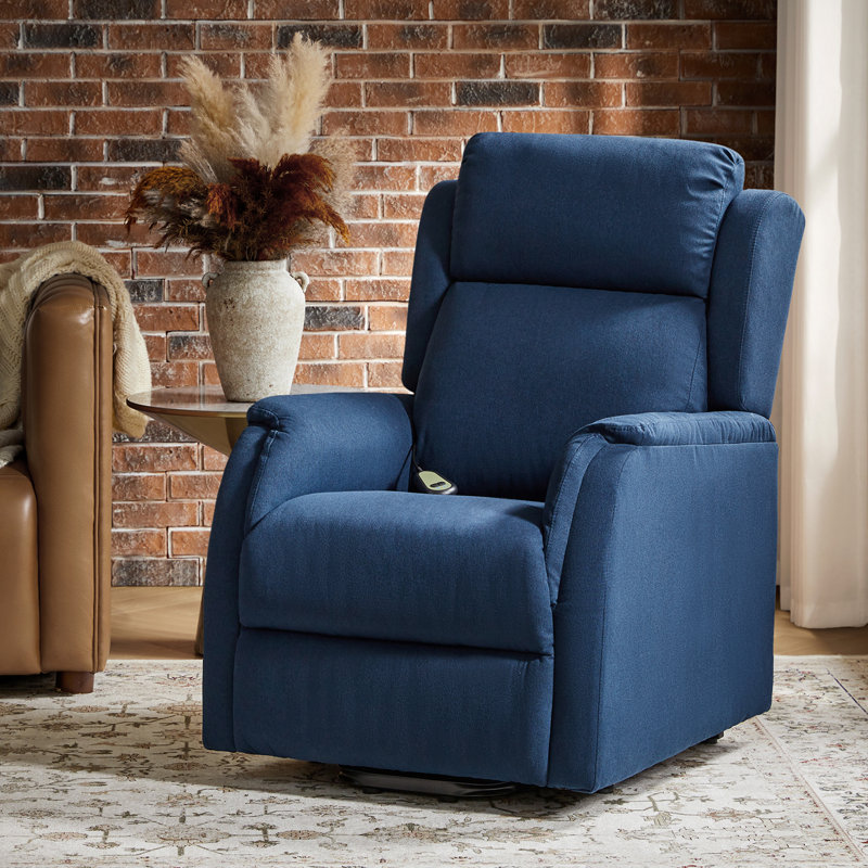 Aleeta 28.3" W Polyester Lift Assist Power Recliner with Side Pocket, Navy