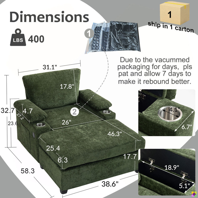 Chaise longue modulaire en chenille de 38,6 po Atlai, boîte de rangement, ports USB, porte-gobelets, Vert