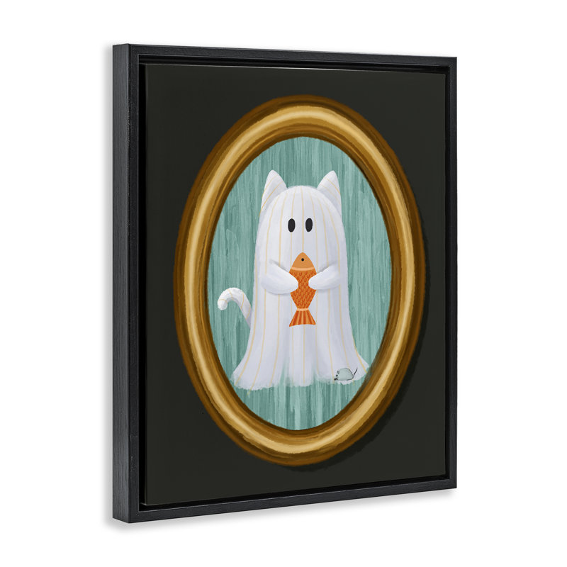 Chat fantôme avec cadre flottant poisson, design par Jennifer Stith, H 21 po x l 17 po, Cadre flottant noir de jais
