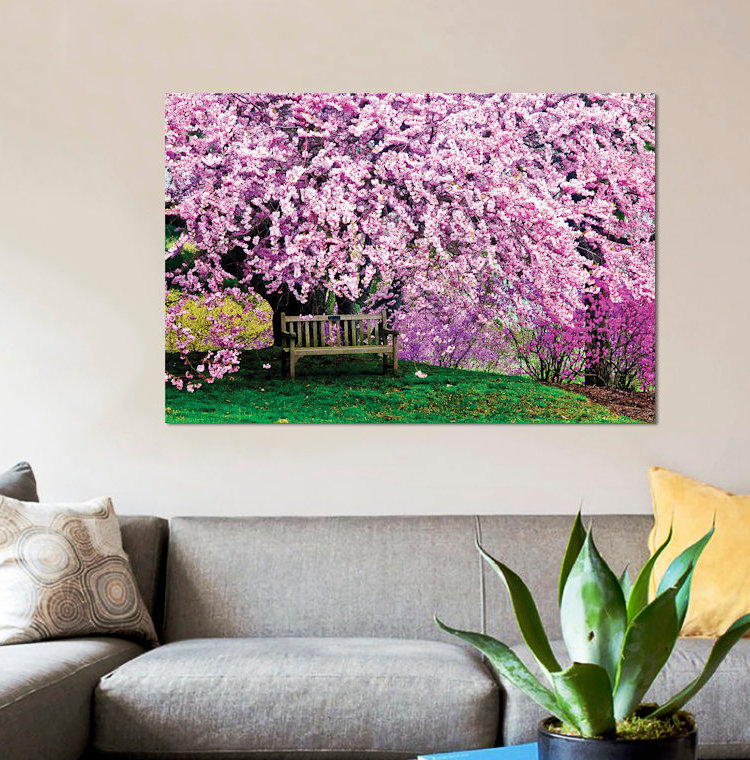 Tribute Bench Under a Cherry Blossom par Jay O'Brien - reproduction de photo sur toile, H 26 po x l 40 po x P 1,5 po