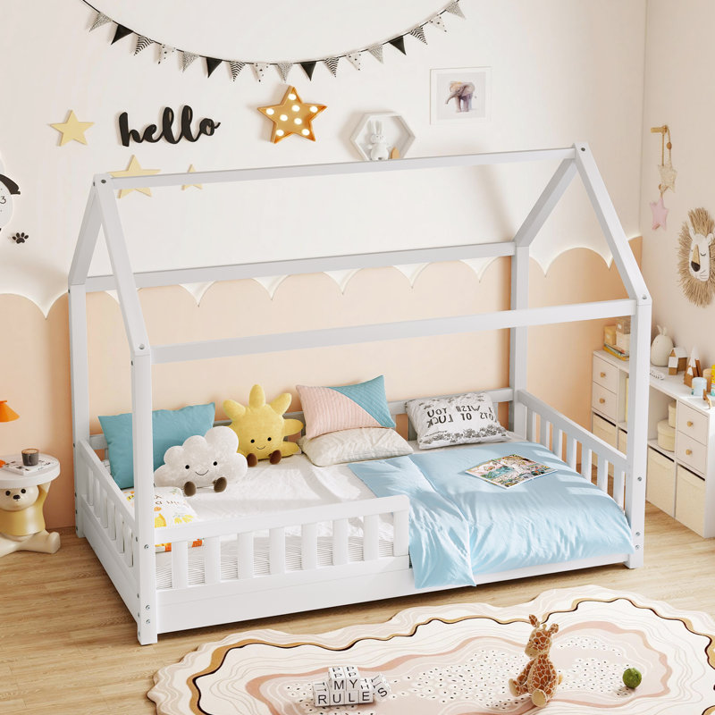 Solid Wood House Bed with Guardrails, Montessori Floor Bed for Kids, Low Profile Toddler Bed Frame with Slats, White