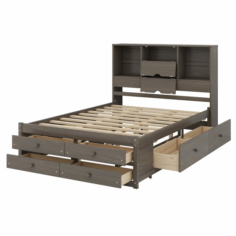 Lit plateforme avec tête de lit avec rangement et 8 tiroirs, Gris