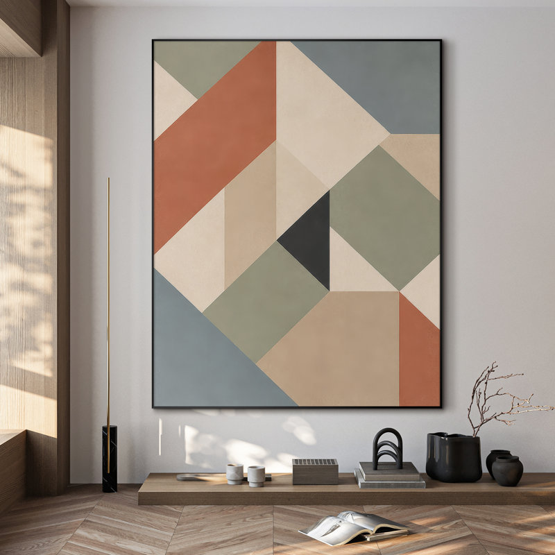 Très grand art mural imprimé sur tissu - Motif géométrique contemporain dans les tons sauge et terre cuite pour le salon ou la chambre à coucher - «Assemblage requis du cadre (cadre non fini)»