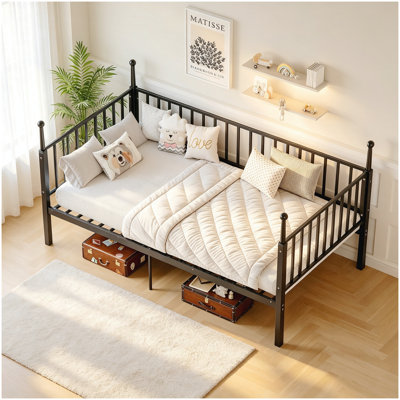 Metal bed frame, suitable for children, teenagers and adults, with bed posts, sturdy and durable, no spring mattress required, black