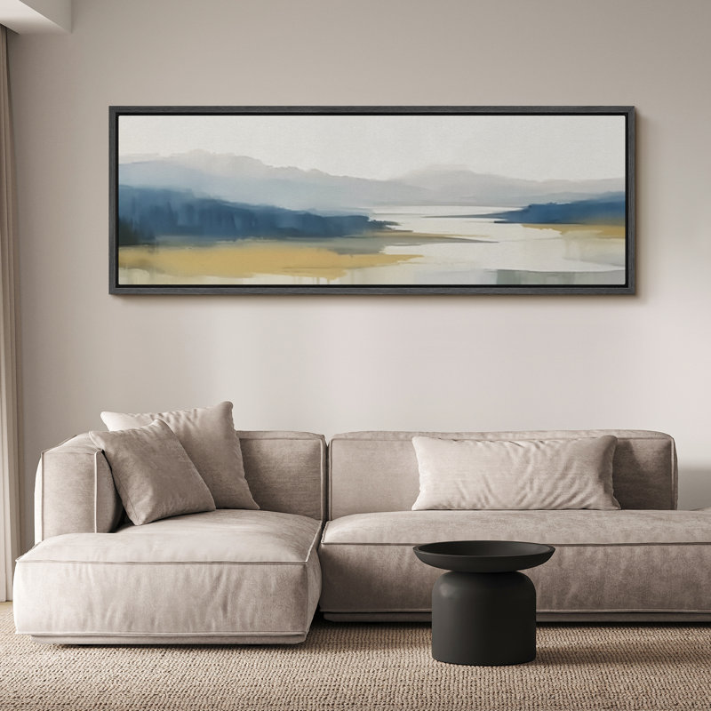 «Abstract Landscape Serene Blue Yellow Lakeside Minimal Scenery Misty Morning», reproduction d'art sur toile