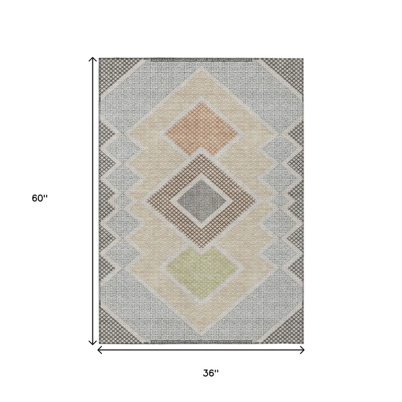 3' X 5' Pewter Copper And Silver Geometric Washable Indoor Outdoor Area Rug