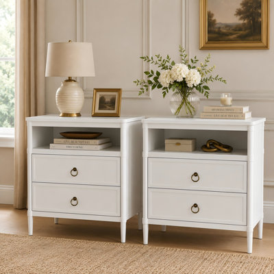 Nightstand Set of 2, Mid Century Modern Night Stand with Drawers and Open Shelf, Beside Table with Distressed Ring Handle for Bedroom,White End Table