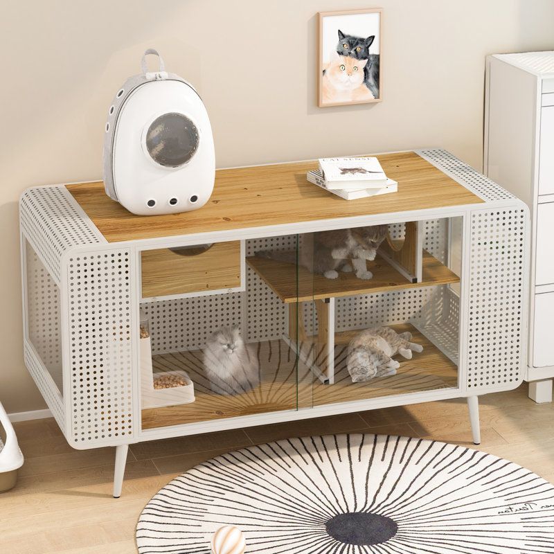 Spacieux chat blanc avec cadre en bois de sapin et en fer, maison moderne en verre trempé inclus, cadre en fer, portes idéales pour les espaces de vie