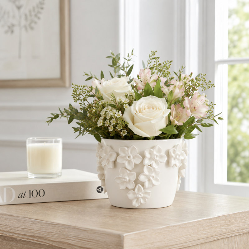 Adeline Floral Applique Planter, Ivory, 5" H x 6" W x 6" D