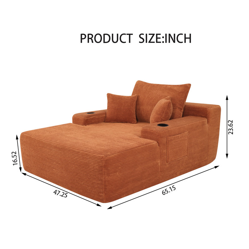 Chaise longue d'intérieur moderne en velours côtelé à accoudoirs carrés de 47 pouces, Orange
