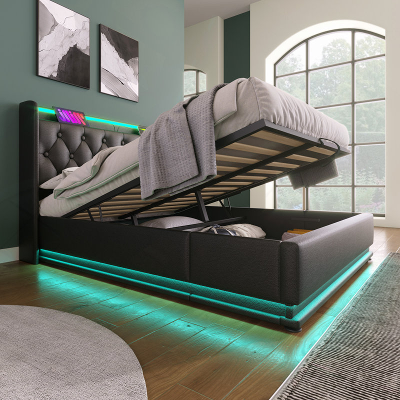 Lit, lit tapissier, fonction DEL à 360 degrés, boutons / applications / télécommande, lit de rangement hydraulique avec chargement USB Type-C, polyuréthane (sans matelas)