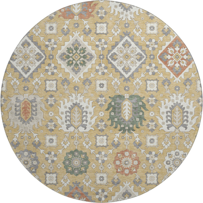 Premium Machine Washable Mayfield AMF2200 bohemian Rug, Gold, 8' Round