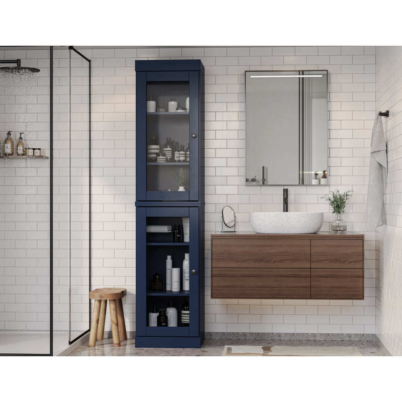 100% Solid Wood 16.5" Bathroom Cabinet with Clear Glass Doors and Adjustable Shelves, Navy