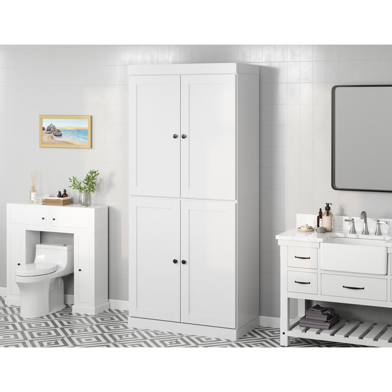 100% Solid Wood 32" Bathroom Storage Cabinet with Shaker Doors & Adjustable Shelves, White