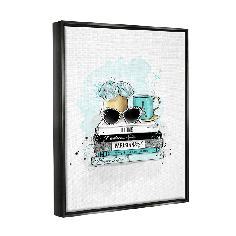 «Turquoise Fashion Book», estampe numérique par Alison Petrie, H 31 po x l 25 po x P 1,7 po, Cadre flottant noir de jais