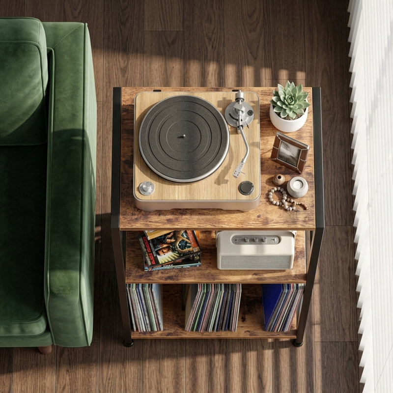 65cm H Record Player Stand with Charging Station, Brown