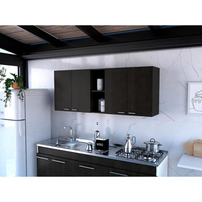 Armoire murale H 24 po, quatre portes, deux tablettes de rangement ouvertes, deux tablettes internes, porte-assiettes et rangement en verre