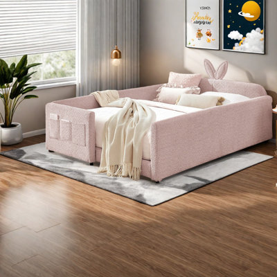 Cute Pink Rabbit Ear Upholstered Beds, Boucle Fabric, Kids' Safe Design With Storage