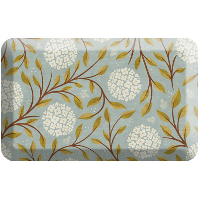 Tapis de cuisine anti-fatigue, motif hortensia bleu ciel