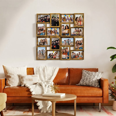 16 Slot Integrated Staggered Collage Frame, Matte Black Solid PVC One-Piece Wall Mount Picture Frame Fits 4x6 Snapshot Photos, Rustic Gold