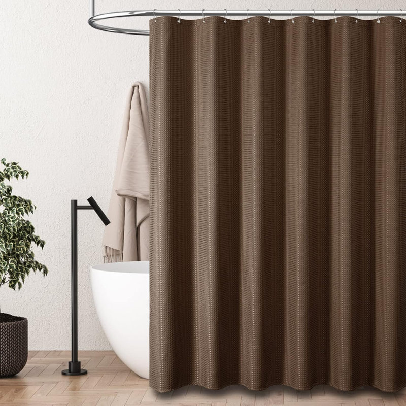 Brown Waffle Weave Heavy Duty Fabric Shower Curtain Set with Hooks