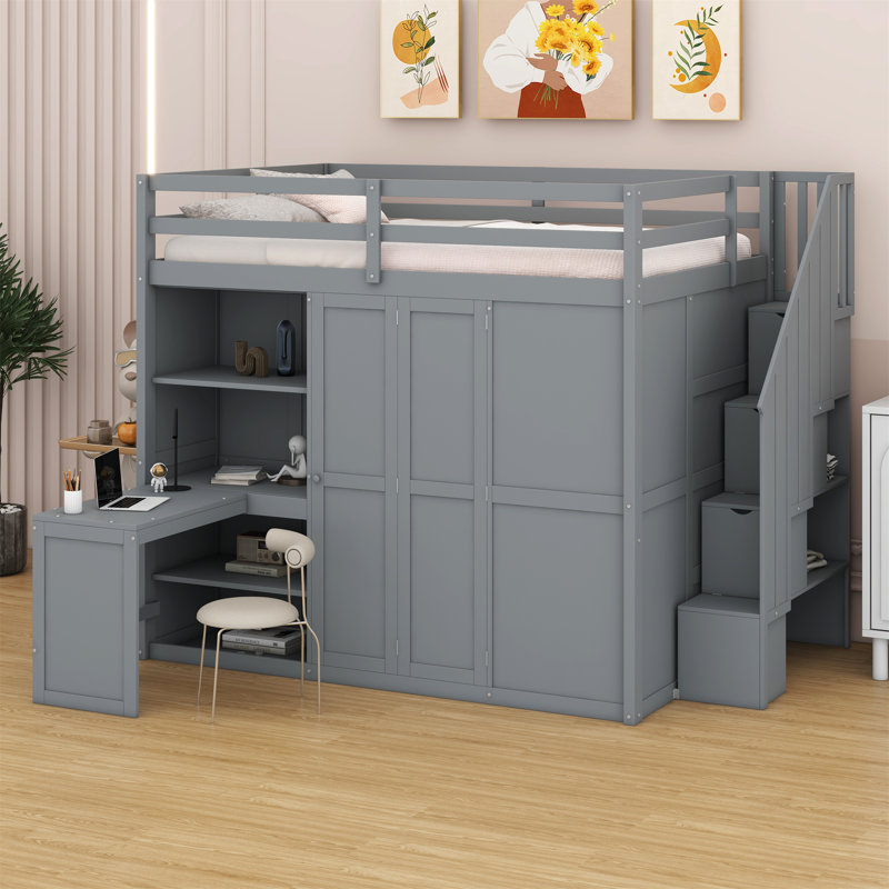 Lit mezzanine avec garde-robe, bureau et tablettes, Gris