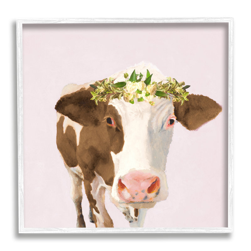 «Country Farm Cow White Flower Crown Boho», impression, Giclée encadrée blanc bord de mer, H 12 po x l 12 po