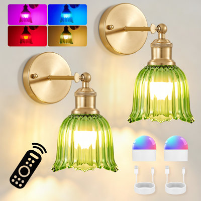 Set of 2 Battery Operated Wireless Wall Sconces with Rechargeable LED Bulbs and Remote Control, RGB Dimmable Lights with Tulip Glass Shades