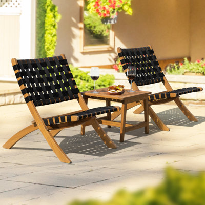 Cassandry Solid Wood Rope Patio Bistro Set, Foldable Reclining Chairs (Set of 3)