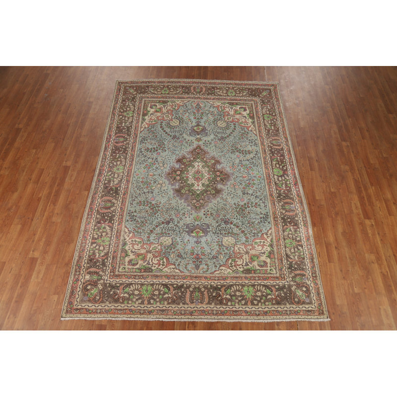 Tapis traditionnel floral fait à la main bleu 7 x 10