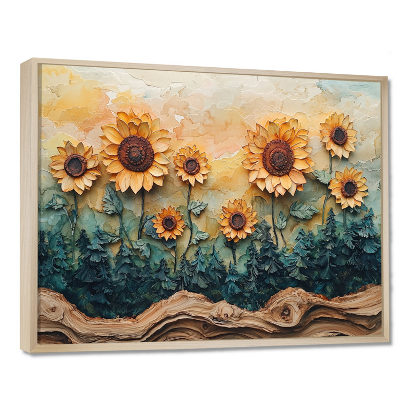 Dirinda tournesols fleurs sur un plateau en bois diapositive I - tournesols, art mural, H 12 po x l 20 po, Crème, crème