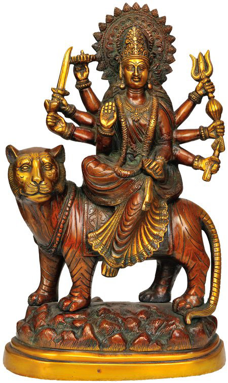 Figurine déesse Durga avec son lion sur la montagne, Brun