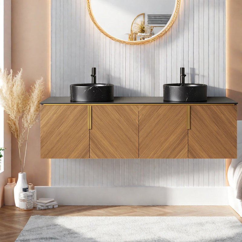 Spacieux meuble-lavabo de 60 po avec lavabo, finition chêne brun moderne