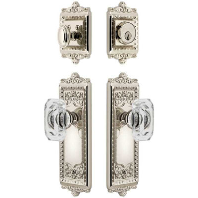 Grandeur Windsor Long Plate Entry Set with Baguette Clear Crystal Knob in Vintage Brass