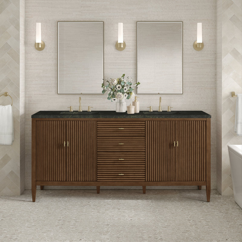 Myrrin 72'' W Double Vanity, Mid-Century Walnut, 8" Widespread, Phantome Eclos