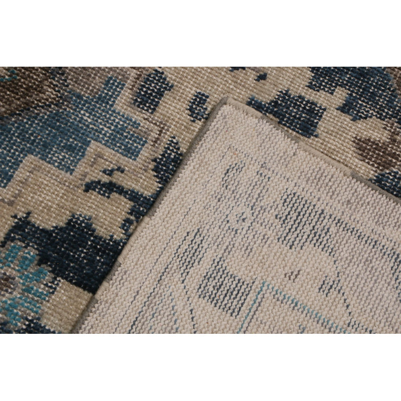 Distressed Homage Hand Knotted Wool Geometric Area Rug in Navy, Gray, Smoke Blue, Beige, Rectangle 6' x 9'