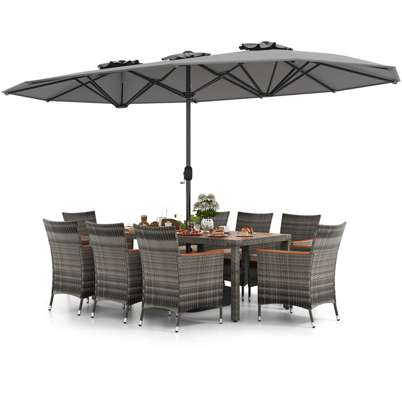 Red Barrel Studio® 10 Pieces Patio Wicker Dining Set With Double-sided Patio Umbrella 8 Armchairs Coffee, Gray
