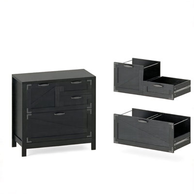 Classeur latéral Farmhouse, classeur de bureau 4 tiroirs, armoire de rangement noire avec tiroirs coulissants silencieux pour le rangement de documents et de fournitures de bureau