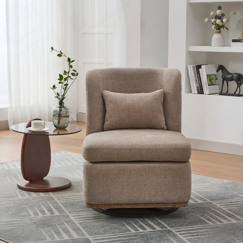 25.2"W Chenille 360°Swivel ArmlessChair with Pillow,Metal Base, Taupe Chenille