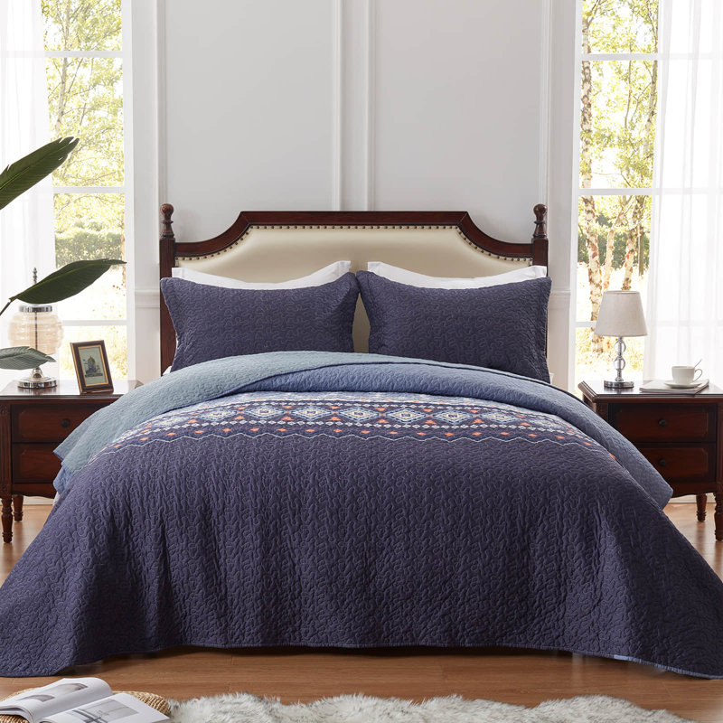 Ensemble de courtepointe pour grand lit 3 pièces - Couvre-lit léger en microfibre et 2 taies décoratives, motif bohème aztèque bleu, surdimensionné 90 x 98 pouces, couvre-lit toutes saisons