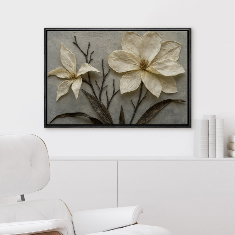 «White Dimensional Magnolia Flower with Sculpted Petals», reproduction d'art sur toile encadrée, H 16 po x l 24 po x P 1,5 po