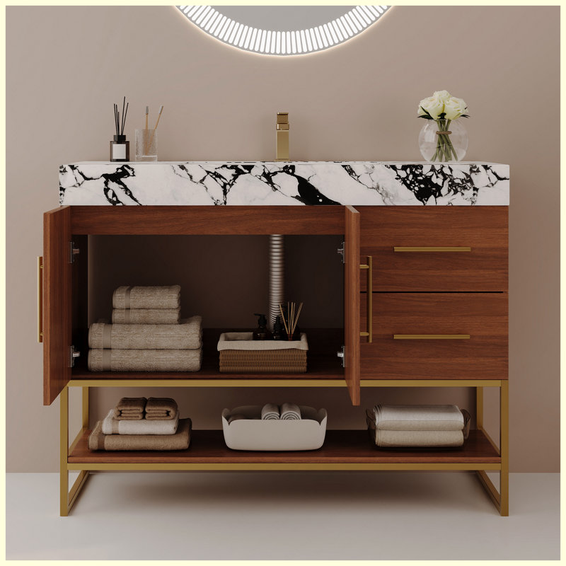 Meuble-lavabo moderne 36 po en céramique avec rangement à fermeture en douceur, Noyer
