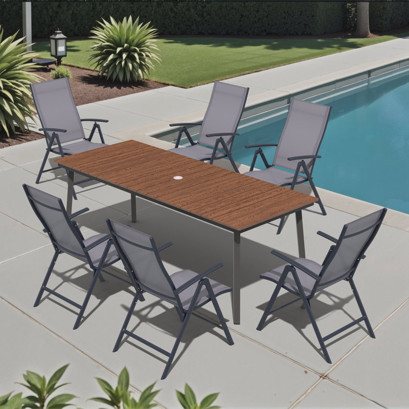 6 - Person Metal Outdoor Dining Set With Folding Armchairs, Gray, Walnut