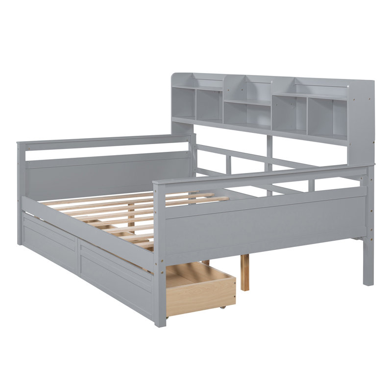 Daybed with Slatted Base, Bedside Shelf and Two Storage Compartments, Sleek Frame, Gray, Full / Double