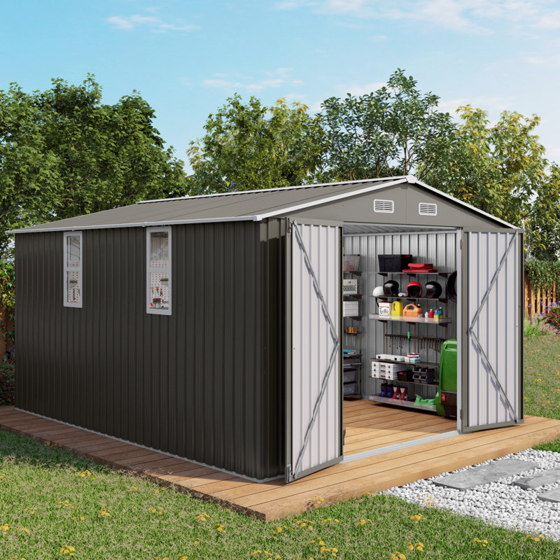 Abri de jardin en métal gris de 3 x 3,6 m (10 x 12 pi) avec double porte et fenêtres translucides, idéal pour ranger le mobilier d'atelier, les outils et les vélos.