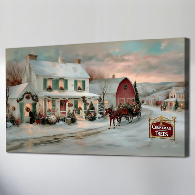 Grande maison de campagne d'hiver et grange Abhinaya - impression de photos de traîneau à cheval, peinture de grange rouge rétro, toile prête à accrocher pour la décoration intérieure, salon, cuisine, 20 po x 40 po