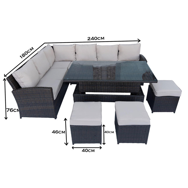 RSA002-RATT-SOFA-8SEAT-BROWN 7-Piece Rattan Effect Garden Sofa Set with Adjustable Table, Footrests and Cushions