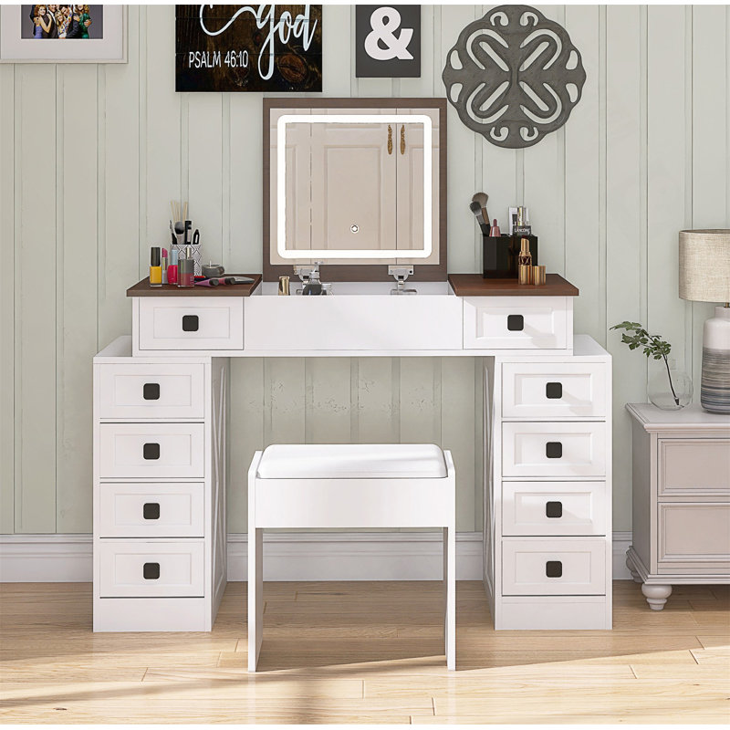 Multi-Functional Vanity Desk With Dimmable LED Light And 10 Drawers, Space-Saving Makeup Table With Flip-Up Mirror And Comfortable Stool