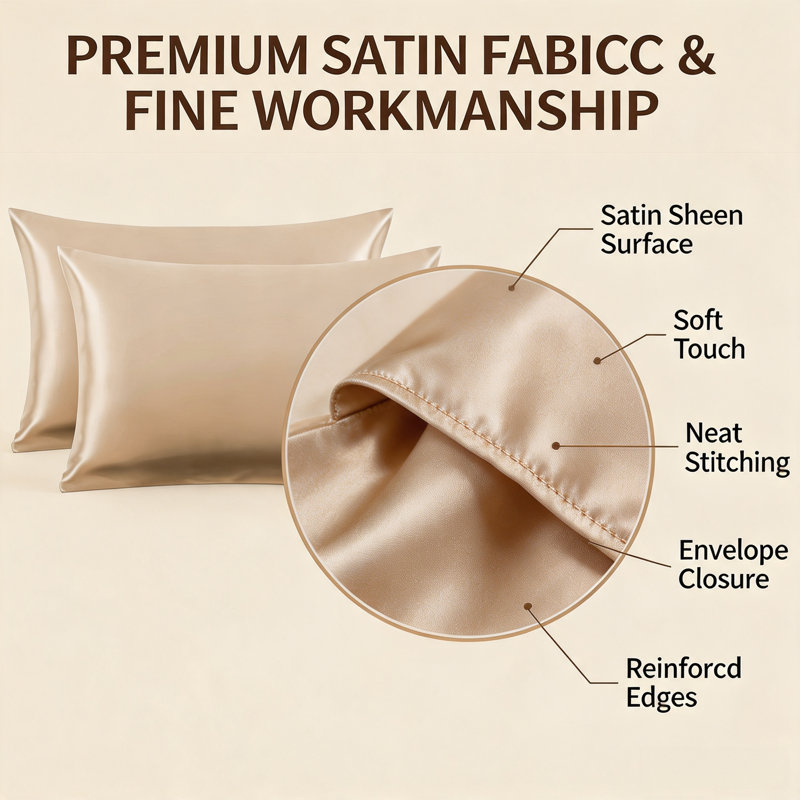 Ensemble de 2 taies d'oreiller standard en satin soyeux avec fermeture enveloppe, Champagne