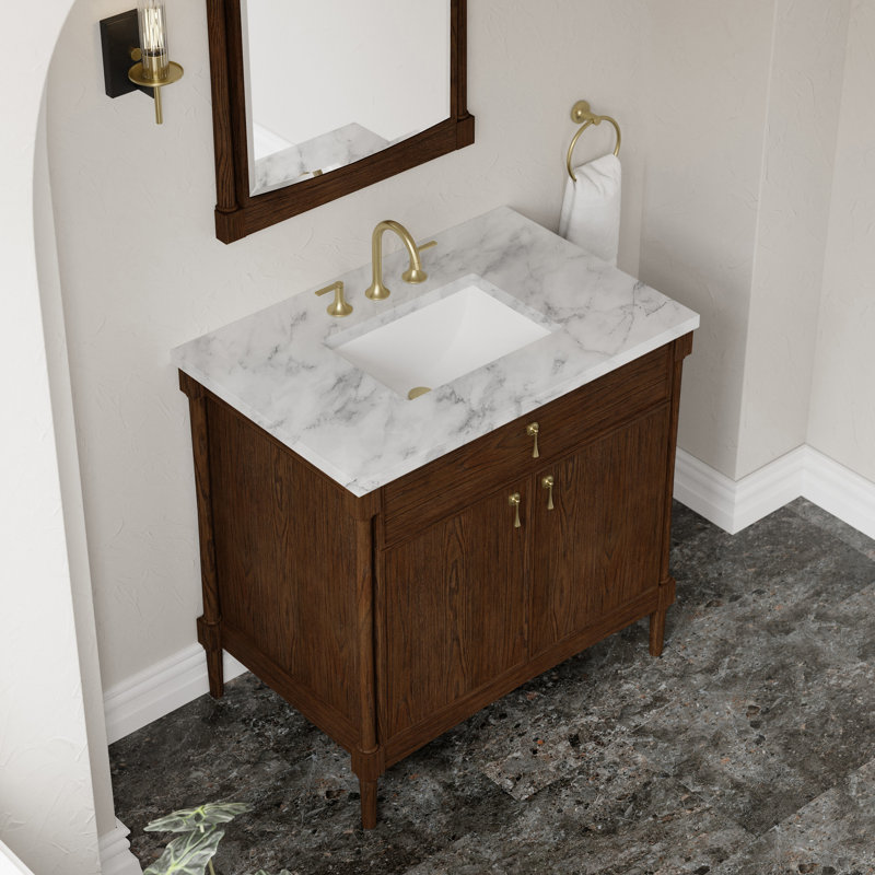 Kinnsden 36" W Single Vanity, Sable Oak, Carrara Marble, 8" Widespread